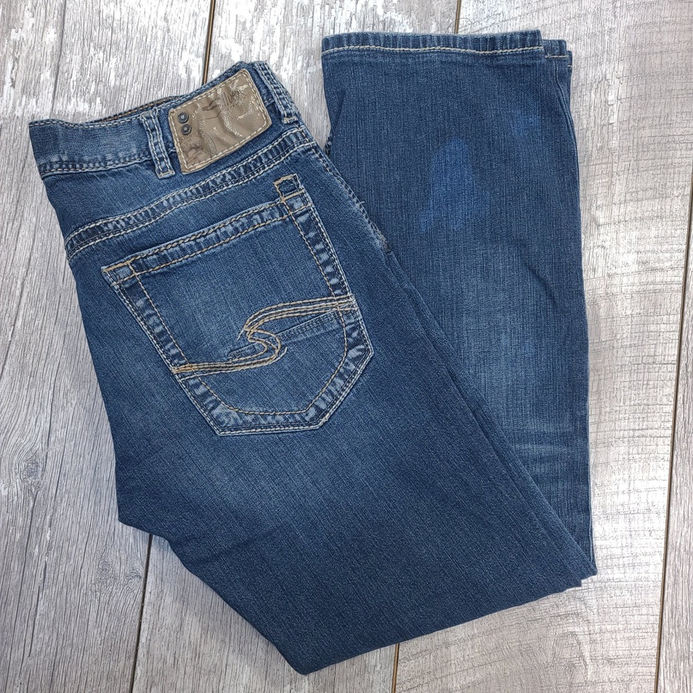 Silver Jeans Nash Straight Men 32x29 Blue Denim Medium Wash Distressed Faded